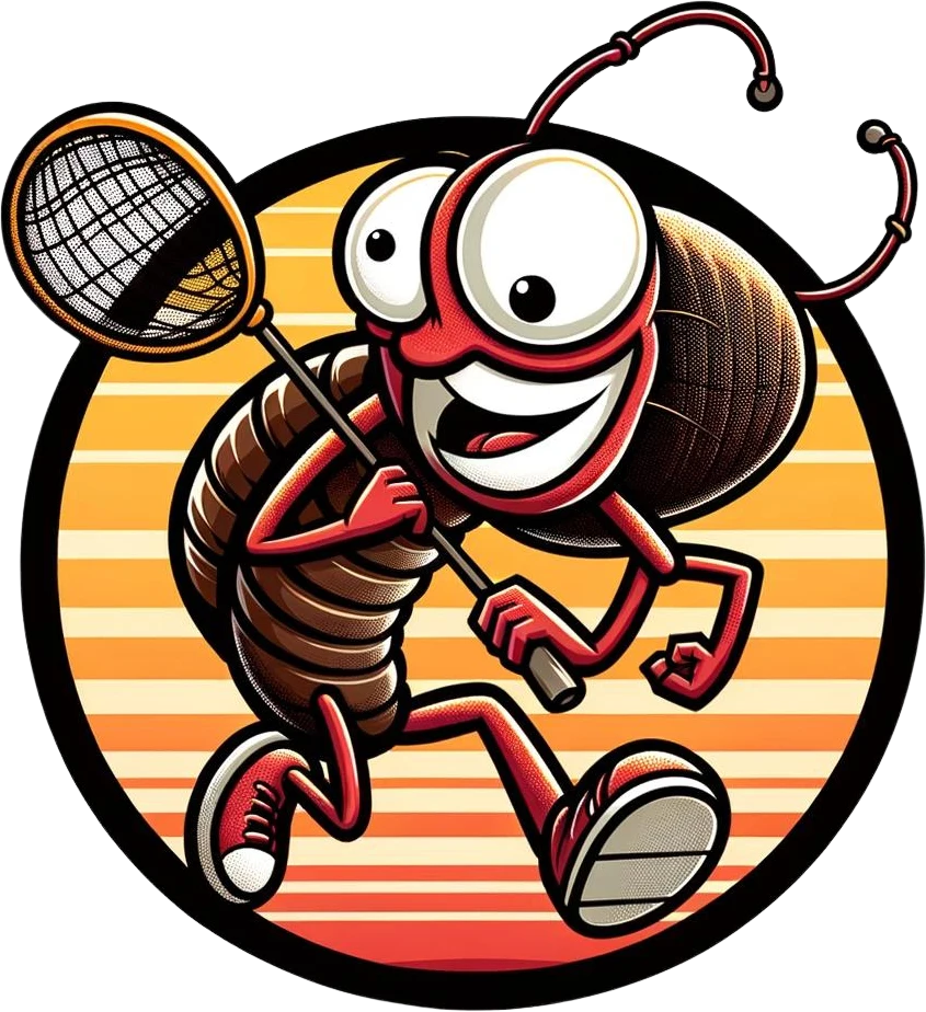 Barry, a cheerful bed bug in red sneakers, running with a bug net